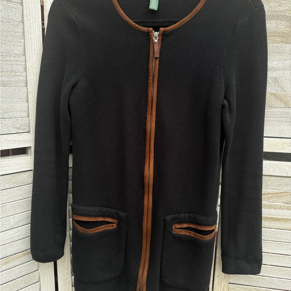 Lauren Ralph Lauren Black Zip Cardigan Suede Trim Sweater Jacket Size Small